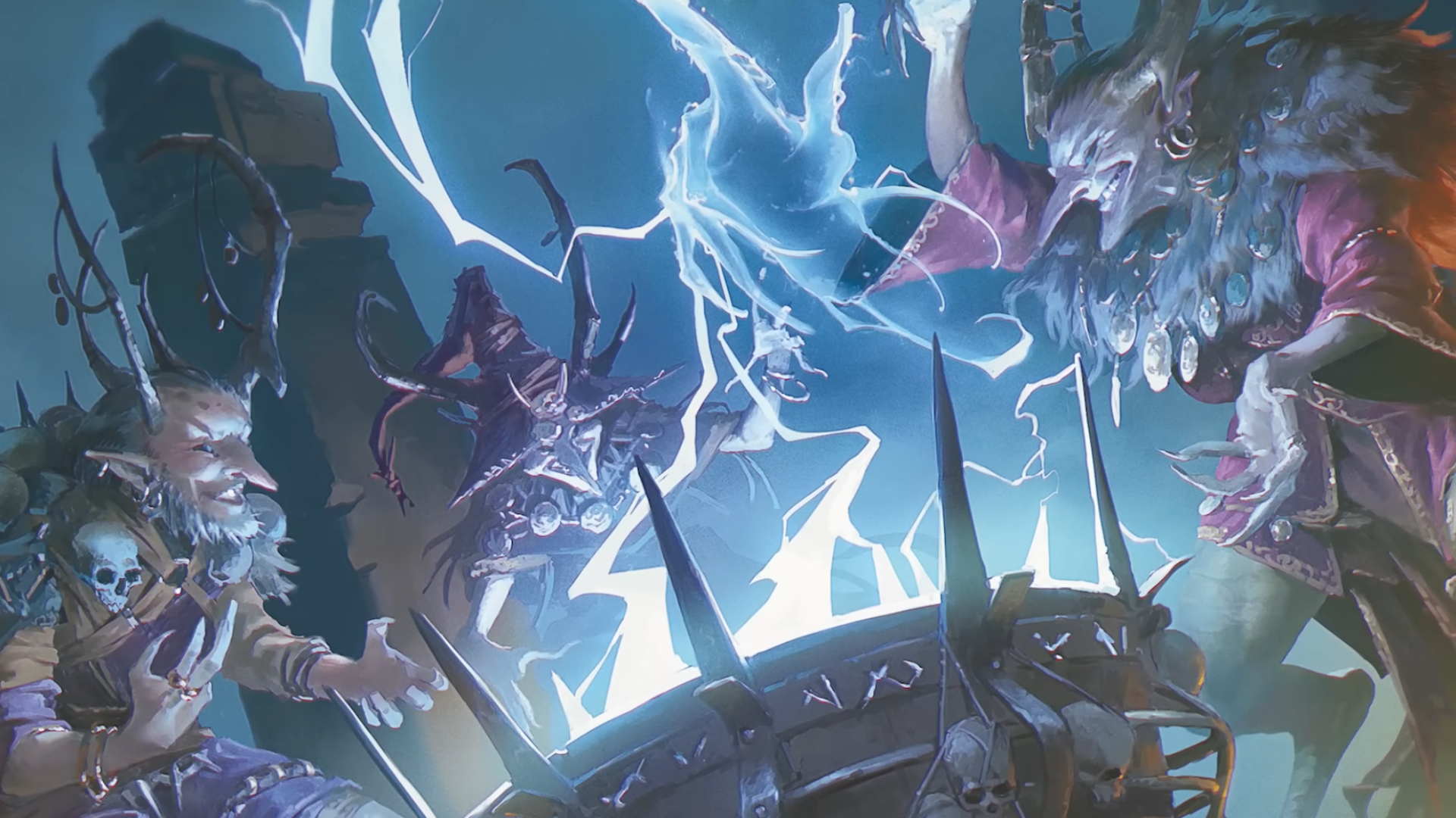 A coven of hags conduct magic around a cauldron of lightning in D&D's 2024 Monster Manual.