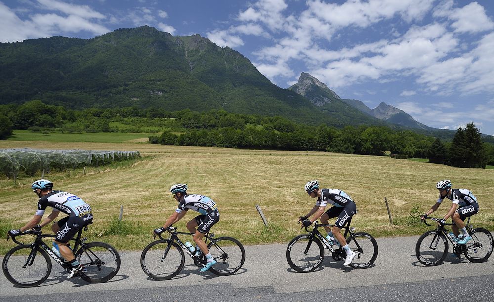 The pack rides during the 131.5 km first stage of the 67th edition of the Criterium Dauphine.