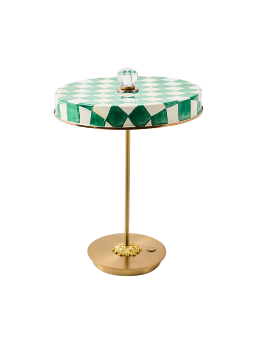 Courtly Check Led Rechargeable Disk Table Lamp in Emerald Check