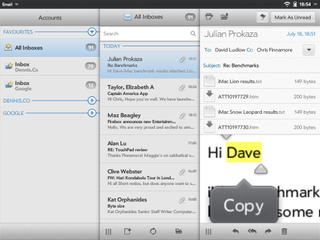 Copying and pasting text in the TouchPad email app