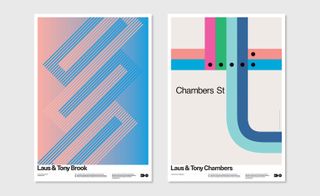 Posters: ’connections’ through interlinked ’C’-shaped forms in gradating colours and 1972 map of the New York Subway, zooming in on Chambers Street station and allowing for the intersecting lines to form a lowercase ’t’
