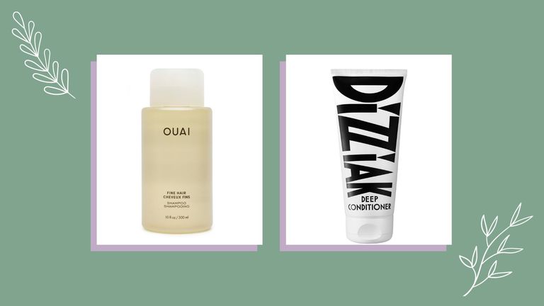 Two of the best shampoo and conditioner by Ouai and Dizziak on a green backdrop