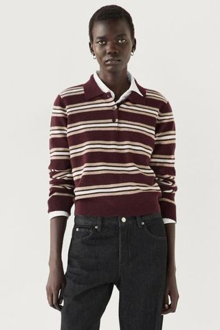 Massimo Dutti 100% Cashmere Striped Knit Polo Sweater