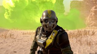 A new helmet arriving with the Chemical Agents Helldivers 2 premium Warbond, with a skull-like respirator faceplate.