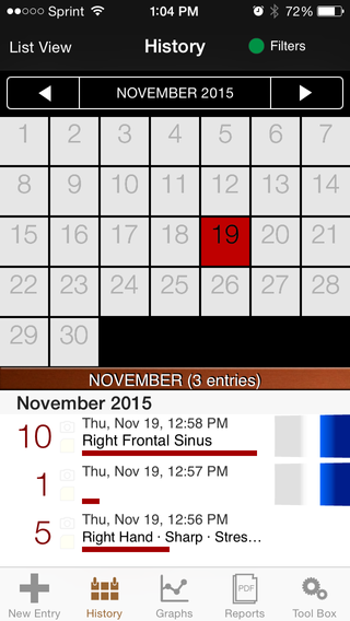 The calendar page from the My Pain Diary app