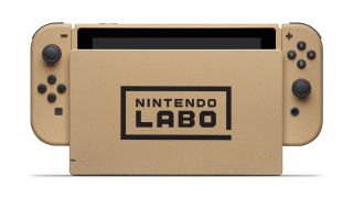 A front view of the cardboard-themed Nintendo Switch.