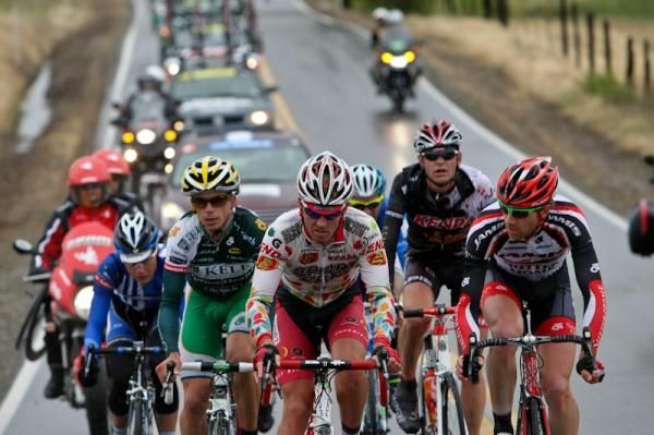 A break gets away during a rainy stage 3 of the Amgen Tour of California.