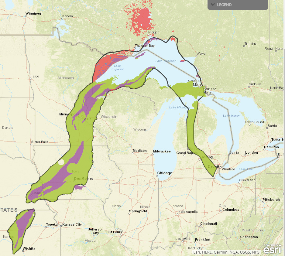 Map showing the location of the Midcontinent Rift in North America.