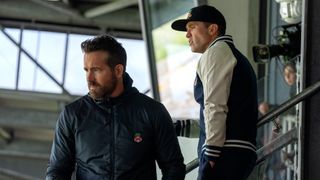 Ryan Reynolds and Rob McElhenney watching a Wrexham game as seen in Welcome to Wrexham season 2