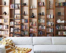 A living room with a built in library 