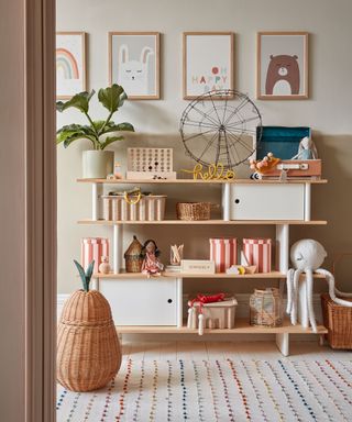 bedroom with wall pictures and toys storage