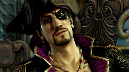 Goro Majima in his pirate outfit, leading his crew in Like a Dragon: Pirate Yakuza in Hawaii