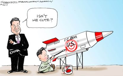 Political cartoon U.S. China Kim Jong Un North Korea missiles