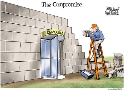 Political cartoon U.S. Trump border wall Democrats deal