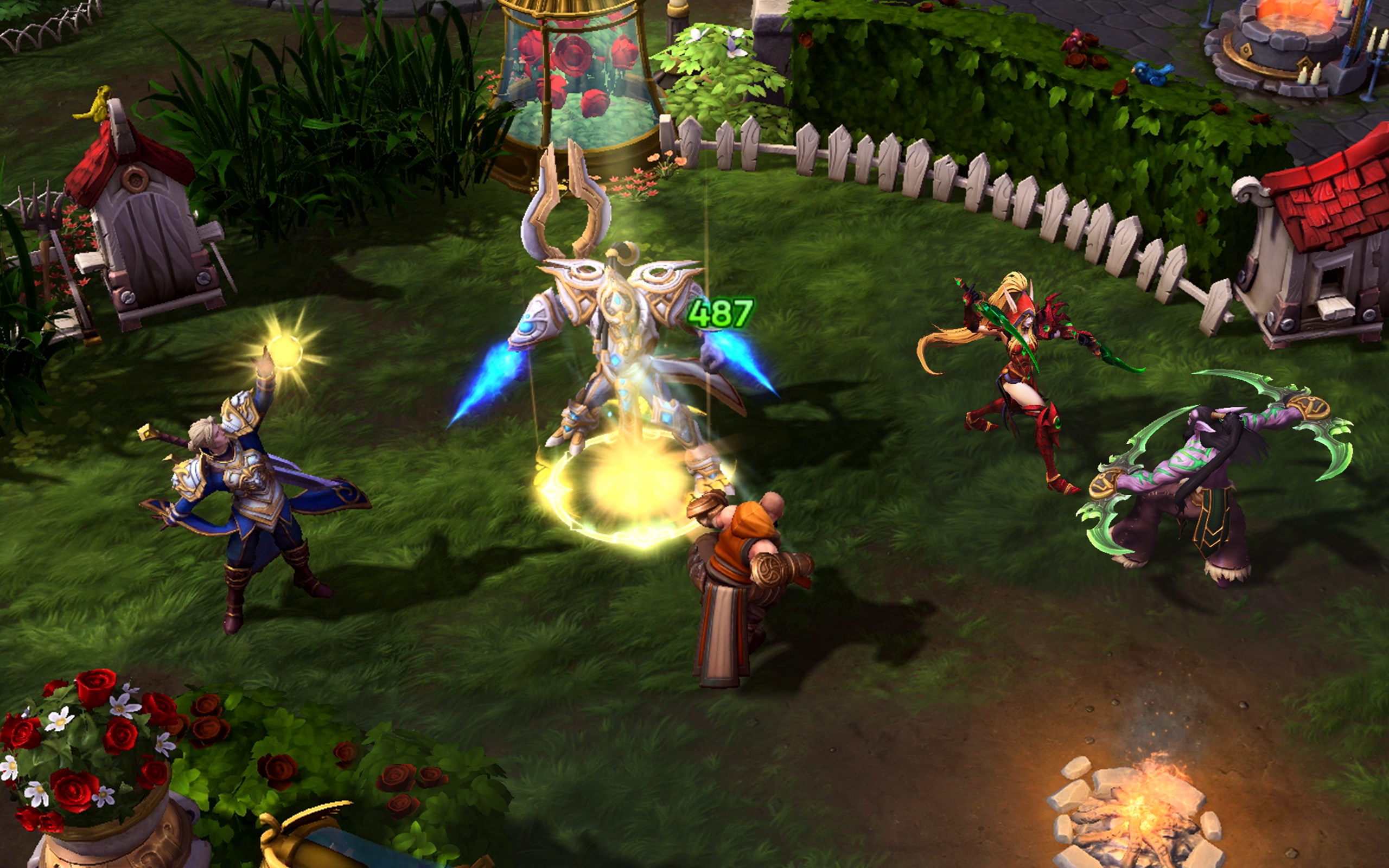 A teamfight in Heroes of the Storm featuring Anduin, Artanis, Valeera, Illidan, and Kharazim.