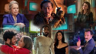 Collage featuring Kathy Bates in Matlock, Hiroyuki Sanada in Shogun, Keri Russell in The Diplomat, Adam Brody and Kristen Bell in Nobody Wants This, Donald Glover and Maya Erskine in Mr. & Mrs. Smith, and Aidan Turner in Rivals