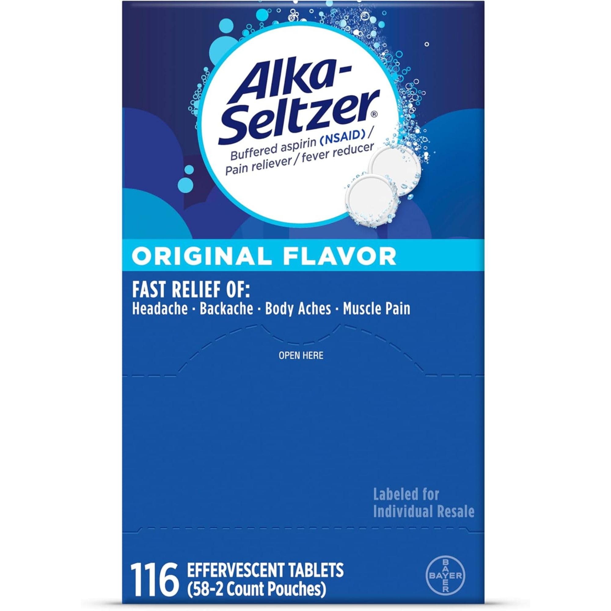 A blue packet of Alka-Seltzer tablets
