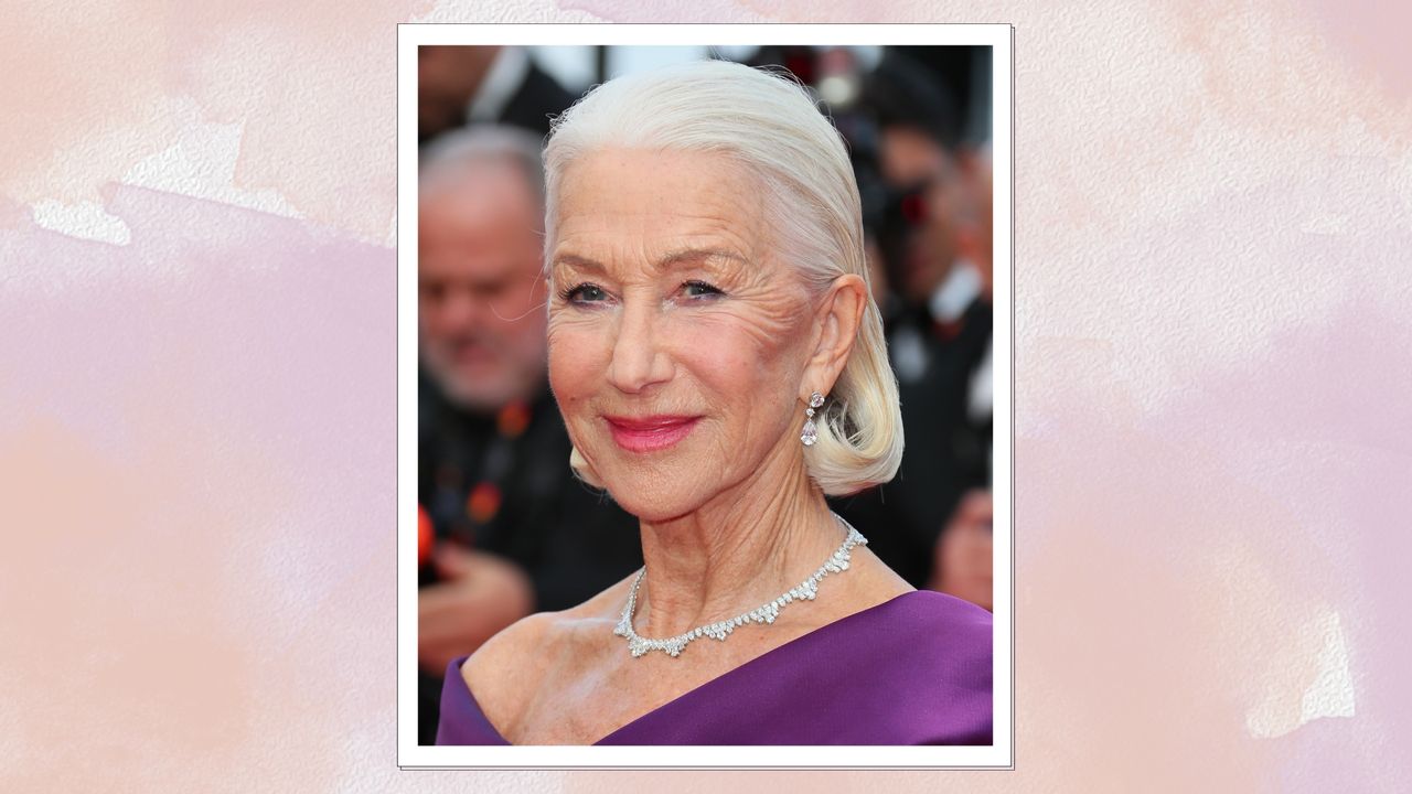 Helen Mirren seen wearing a purple dress, with her hair slicked back into a &#039;wet-look&#039; bob whilst attending the &quot;La Plus Precieuse Des Marchandises&quot; (The Most Precious Of Cargoes) Red Carpet at the 77th annual Cannes Film Festival at Palais des Festivals on May 24, 2024 in Cannes, France/ in a purple and beige watercolour paint-style template