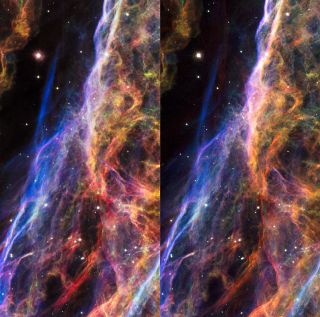 This stereo image of the Veil Nebula uses observations made by the NASA/ESA Hubble Space Telescope in 1997 and in 2015. Cross your eyes to see the 3D effect.