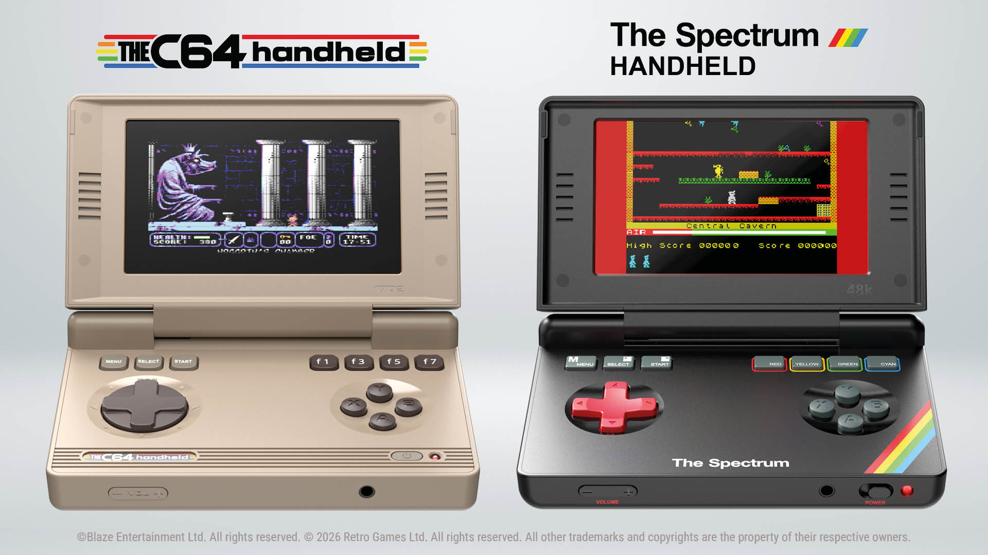 THE64 handheld on left and The Spectrum handheld on right with gray backdrop.