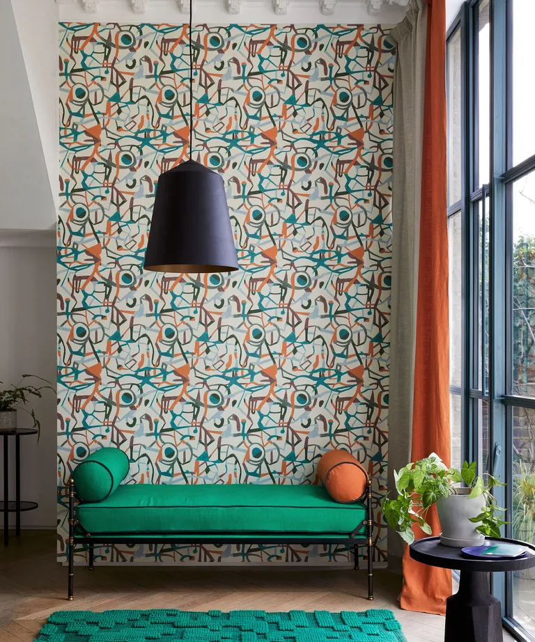 Living room wall ideas with abstract wallpaper