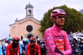 ASTI ITALY OCTOBER 23 Start Wilco Kelderman of The Netherlands and Team Sunweb Pink Leader Jersey Morbegno Village during the 103rd Giro dItalia 2020 Stage 19 a 258km stage from Morbegno to Asti girodiitalia Giro on October 23 2020 in Asti Italy Photo by Stuart FranklinGetty Images