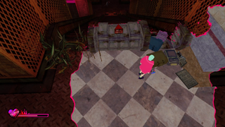 Sorry We're Closed review; an overhead view of a character, seemingly in a video game, within a room with various objects and a checkered floor