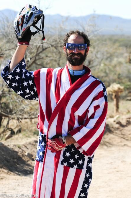 A patriotic racer heads to the start