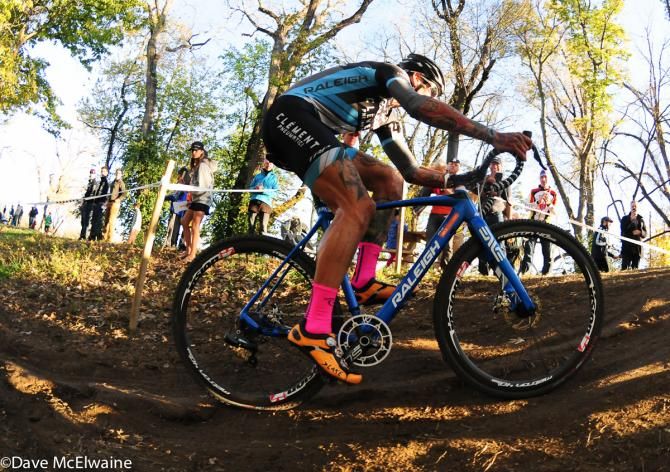 Ben Berden (Raleigh Clement) leading the race on the off-camber section of course