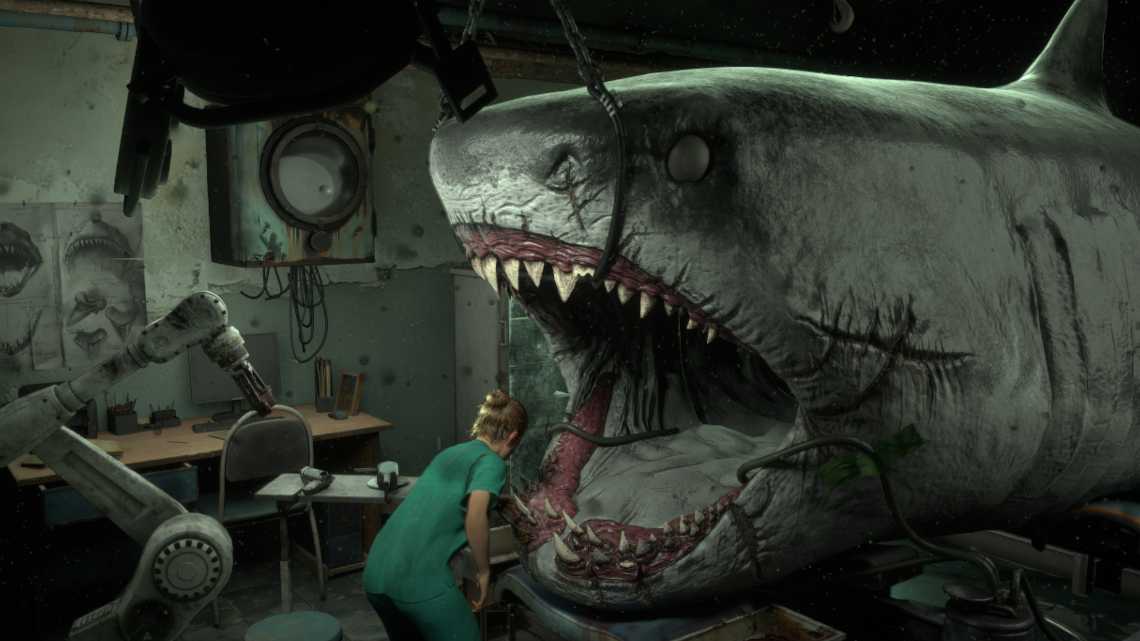 A dentist working on the teeth of a giant shark 