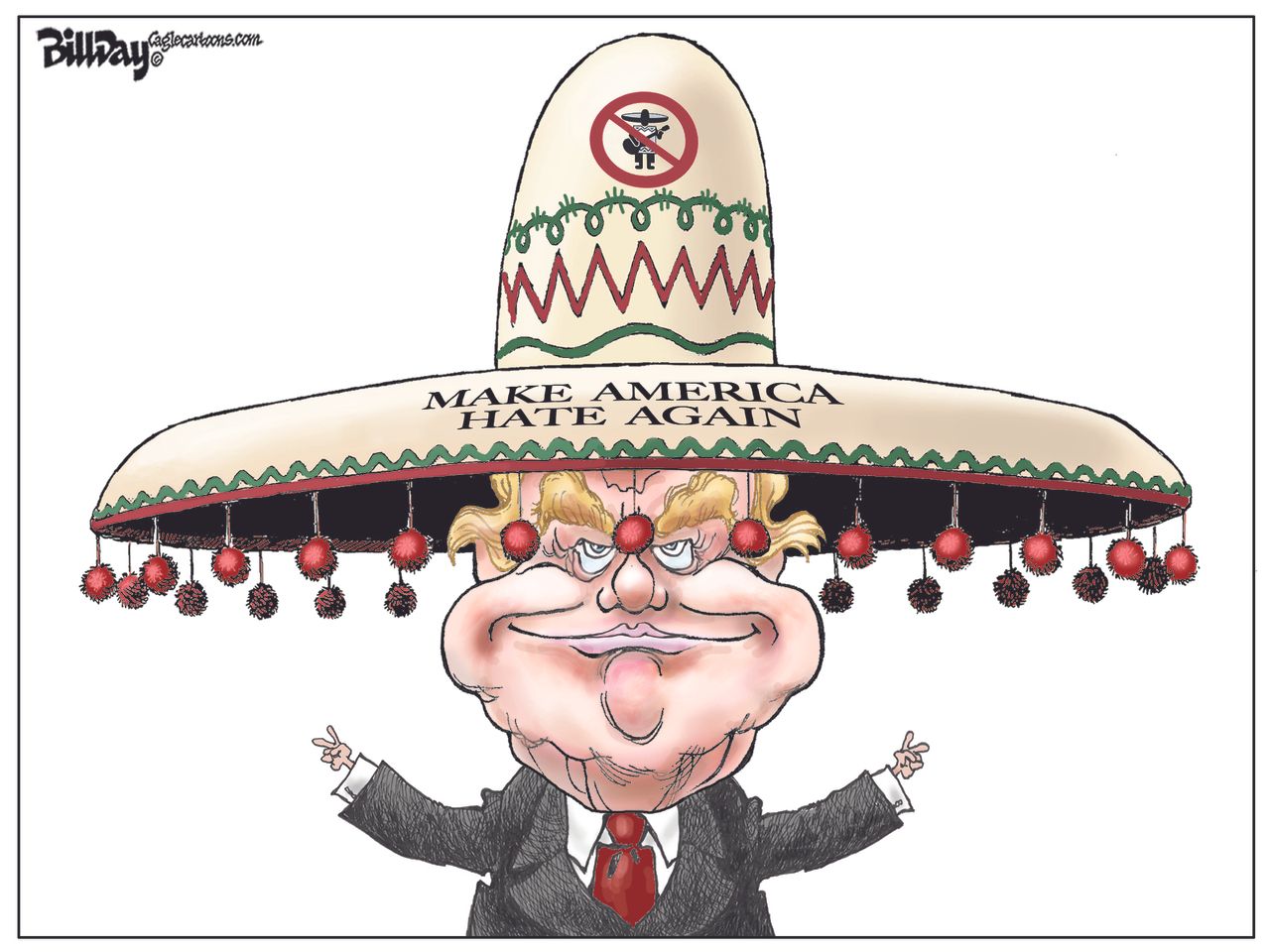 Political cartoon U.S. 2016 election Donald Trump wearing a sombrero