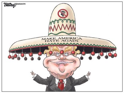Political cartoon U.S. 2016 election Donald Trump wearing a sombrero