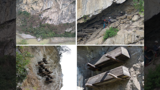 Photographs of hanging coffins at archaeological sites in China's southern Yunnan province.
