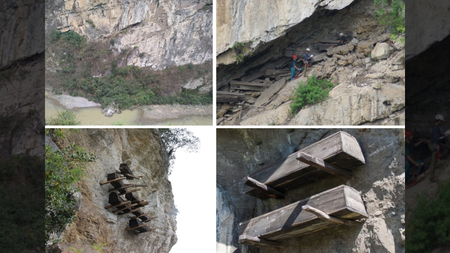 Photographs of hanging coffins at archaeological sites in China's southern Yunnan province.