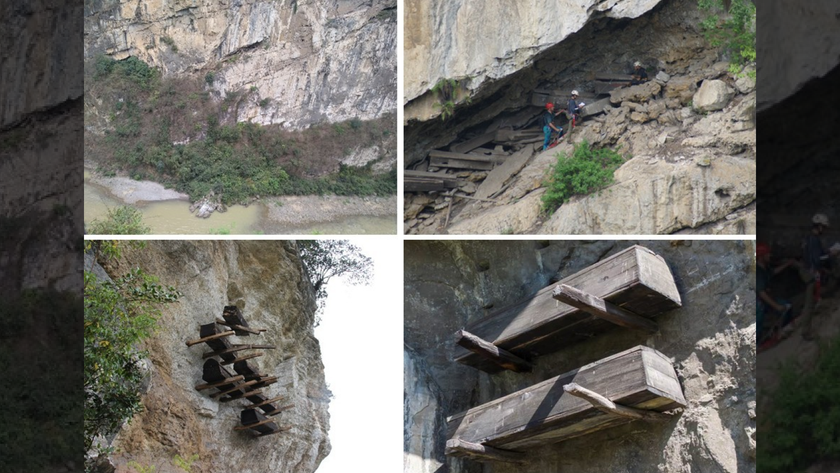 Photographs of hanging coffins at archaeological sites in China&#039;s southern Yunnan province.
