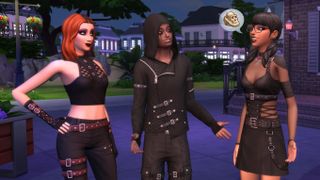 The Sims 4 - Three sims in black clothes and leather stand together chatting
