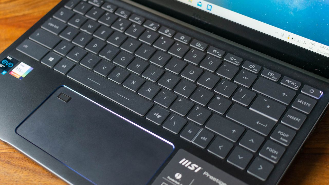 A photograph of the MSI Prestige 14 Evo's keyboard