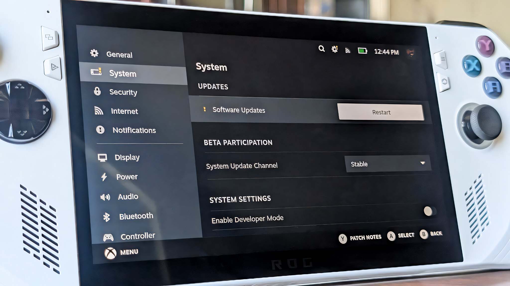 SteamOS update menu displayed on ROG Ally.