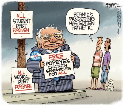 Political Cartoon U.S. Bernie Sanders Pandering Free Popeyes Chicken Sandwich