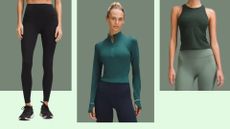 Lululemon sale products including Wunder Train leggings, cropped jacket, and racerback vest top 