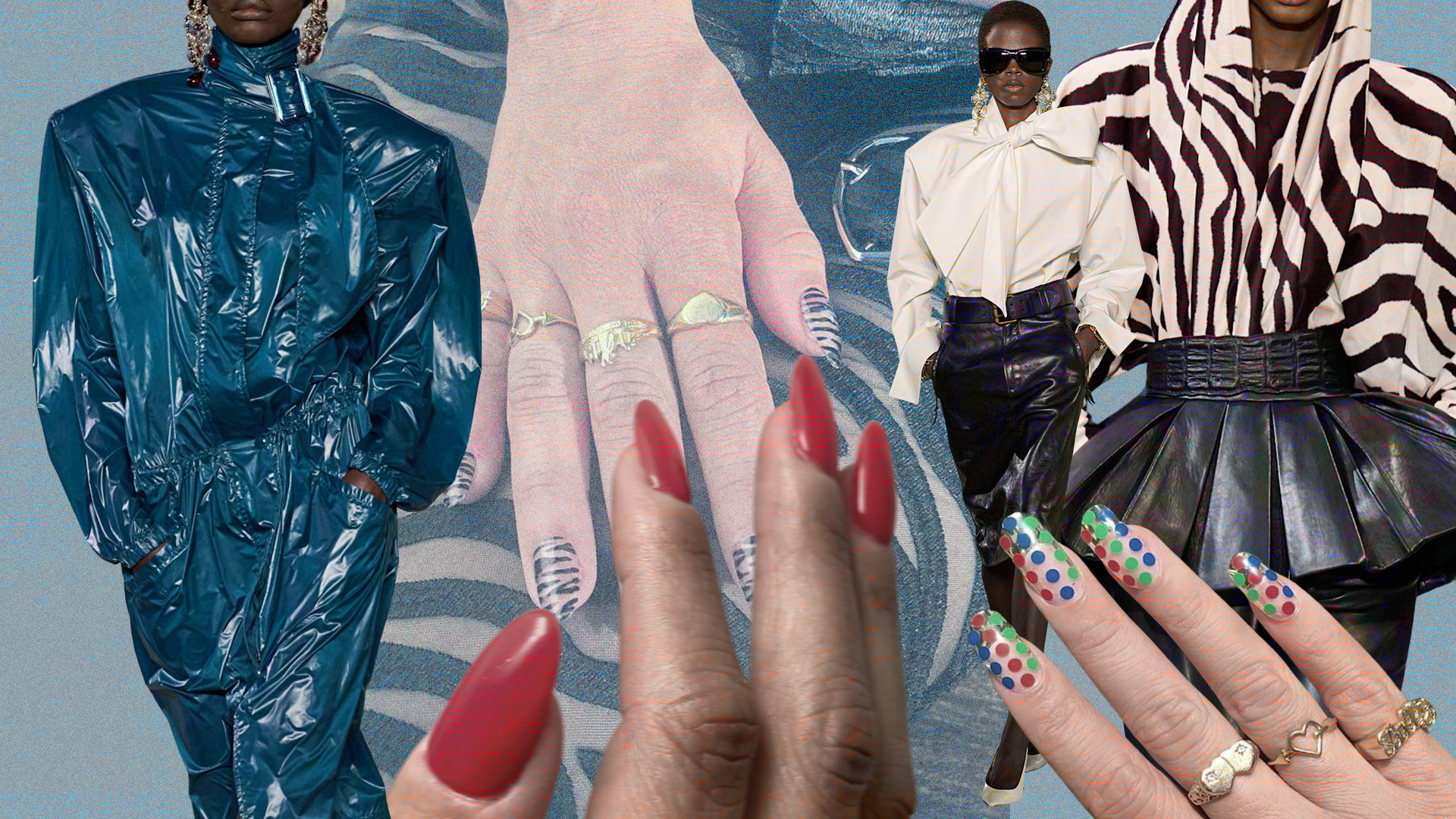 A collage of &#039;80s-inspired nails set against runway shots from Balmain and Yves Saint Laurent runway shows.
