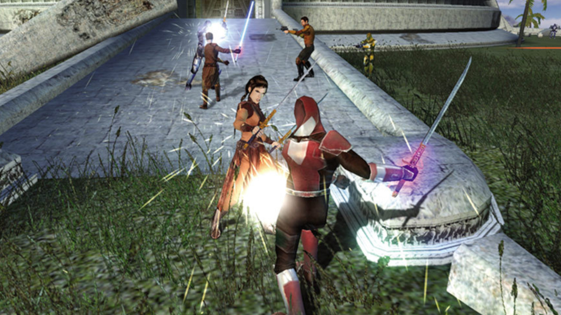 A group of jedi fighting against sword wielding foes during the sci-fi RPG Star Wars: Knights of the Old Republic