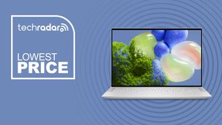 Dell XPS 14 on blue background with lowest price text overlay