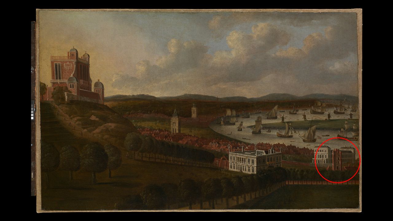 The painting "View from One Tree Hill: the Queen's House and the Royal Observatory, Greenwich" shows a slightly different location for the tiltyard (in red).