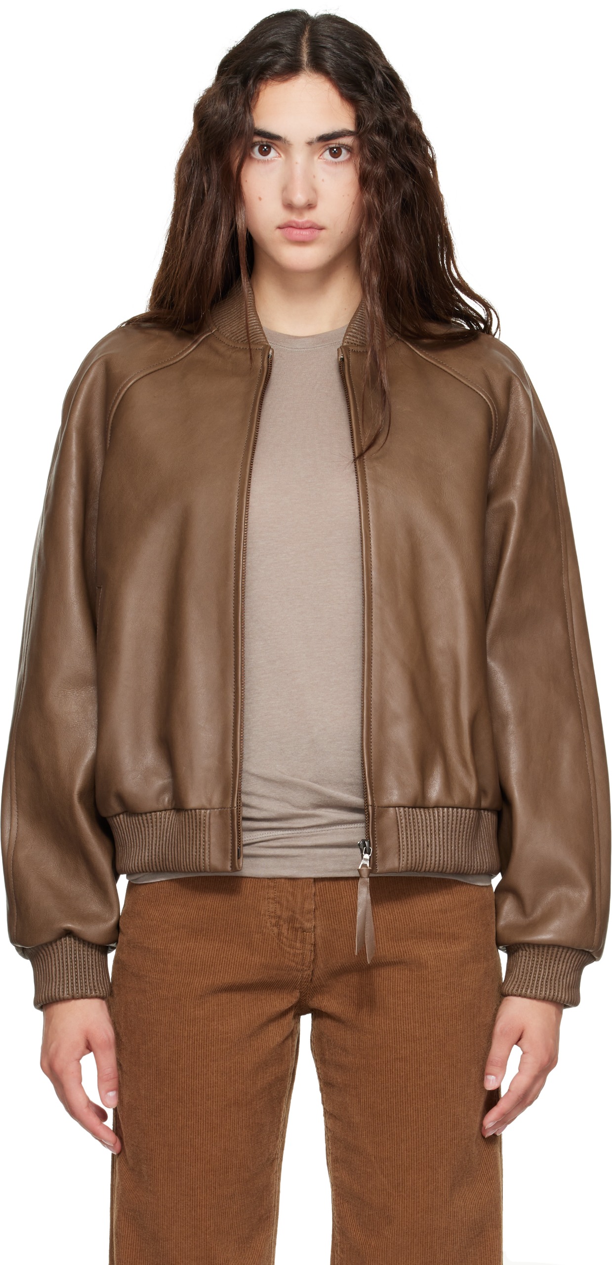 Khaki Roche Leather Bomber Jacket
