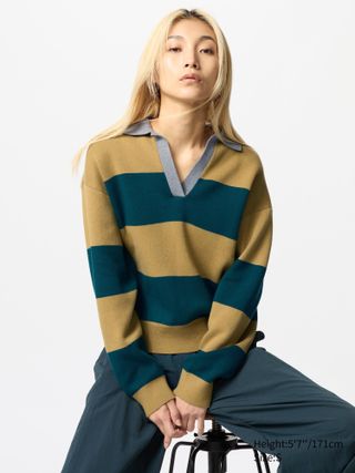 Smooth Cotton Relaxed Polo Jumper (stripe)