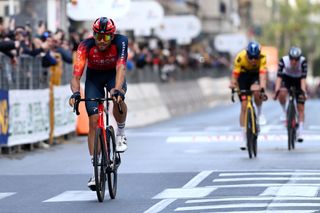  Filippo Ganna of Italy and Team Ineos Grenadiers sprints to second place at Milan-San Remo