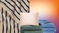 brooklinen bedding and towels on a colorful background