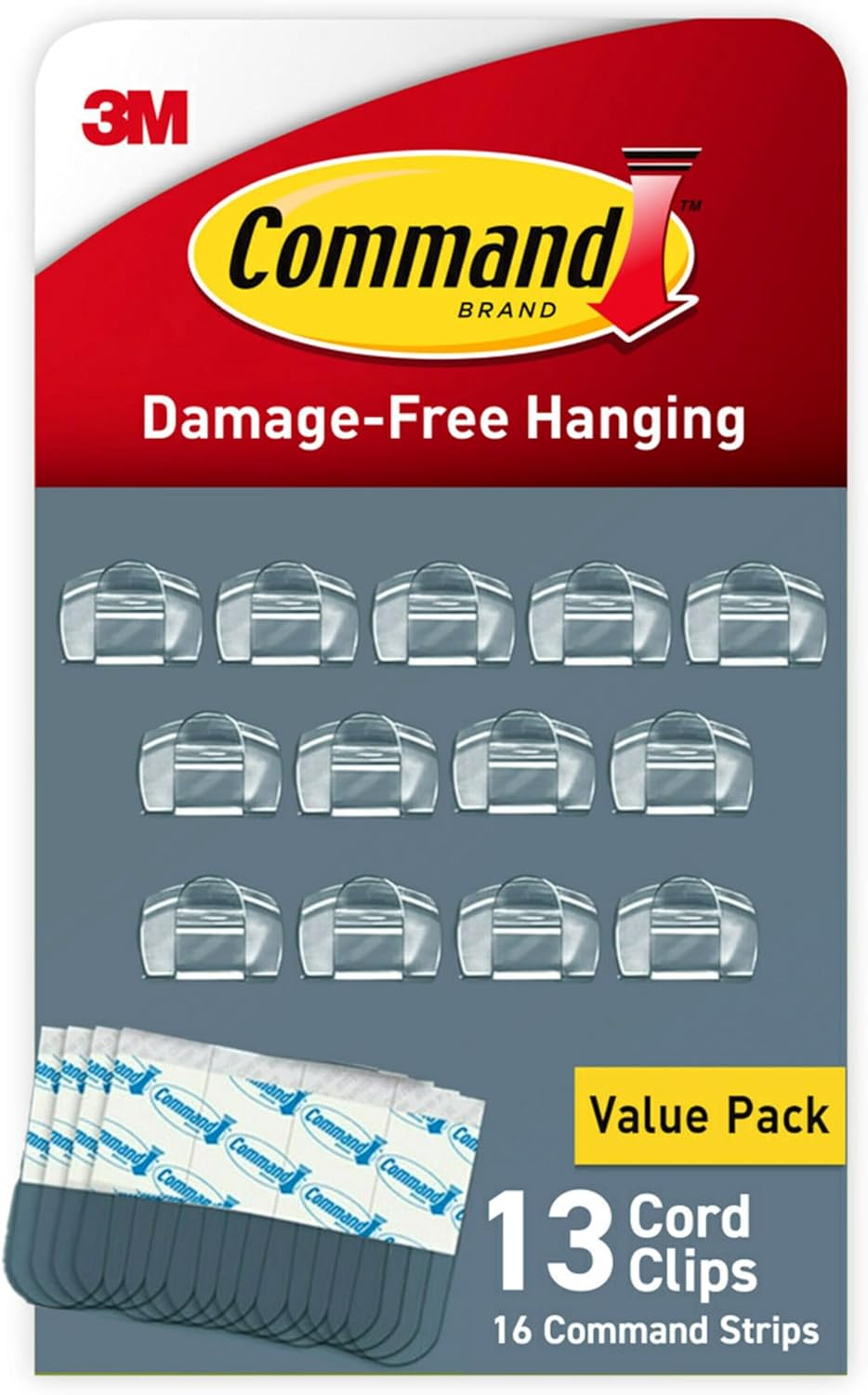 Command Round Cord Clips, Damage Free Hanging Cable, for Hanging Electrical Cables, 13 Clear Cord Clips and 16 Strips
