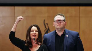 SAG-AFTRA president Fran Drescher and national executive director Duncan Crabtree-Ireland at a press conference announcing a tentative contract deal with producers. 